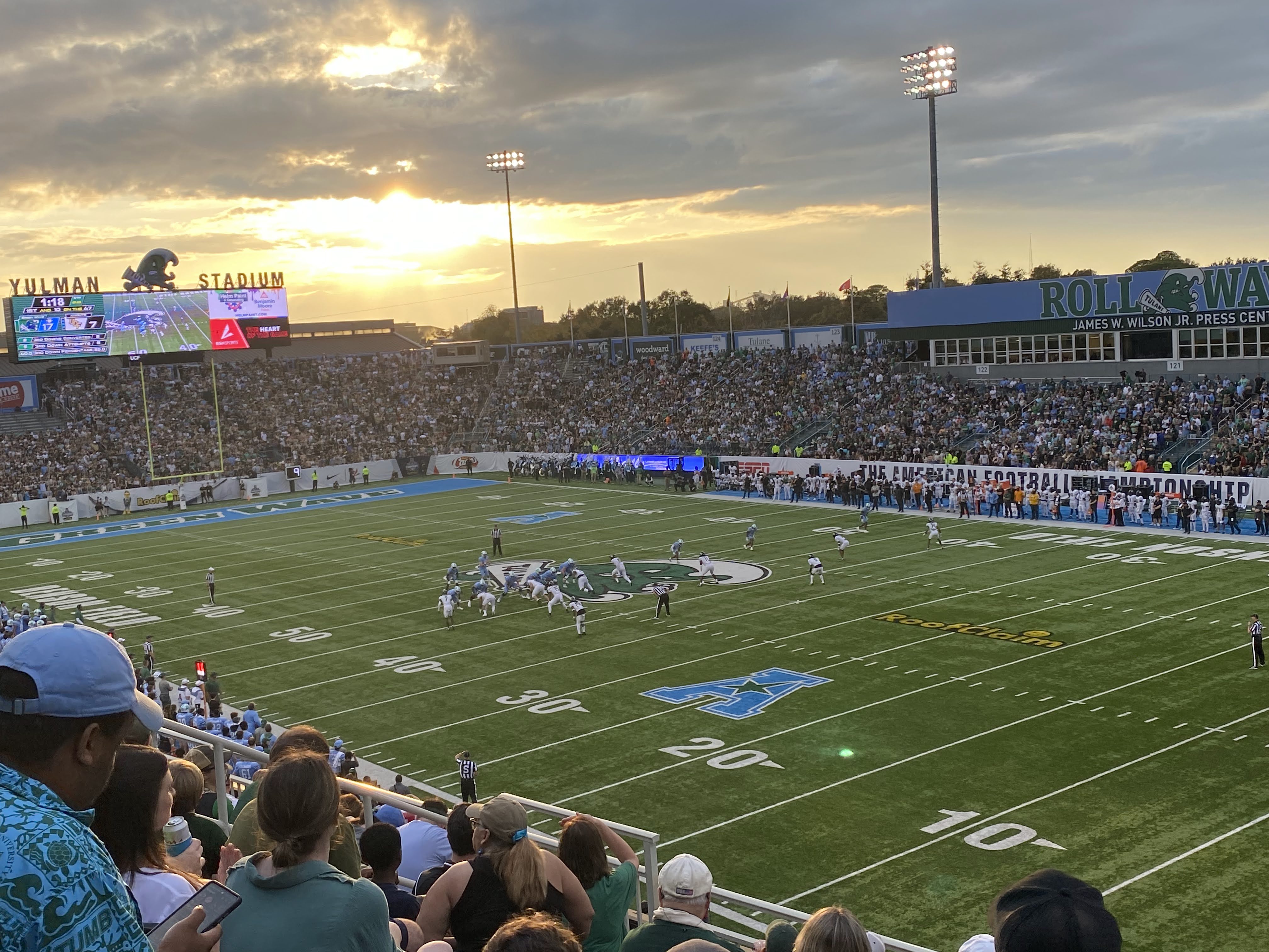 A football game at Tulane’s Yulman Stadium at sunset